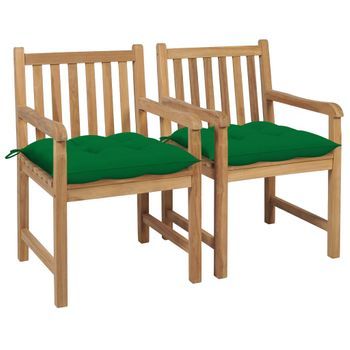 Pack 2 Uds Sillas De Jardín | Silla De Exterior | Sillón Madera Maciza De Teca Con Cojines Verdes Cfw600087