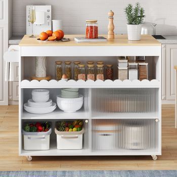 Isla De Cocina Con Ruedas, Encimera De Roble Ampliable Y Puertas De Vidrio Templado