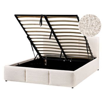 Cama Con Almacenaje De Bouclé Blanco Crema 140 X 200 Cm Acolchado Almacenaje Bousse