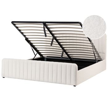 Cama Con Almacenaje Elevable De Bouclé Acolchado Patas Metal 180 X 200 Cm Blanco Lunan