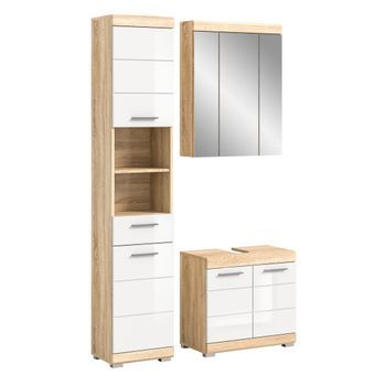 Conjunto De Baño Lewoto – 1 Columna, 1 Mueble Bajo Lavabo, 1 Armario Con Espejo – Blanco Y Roble