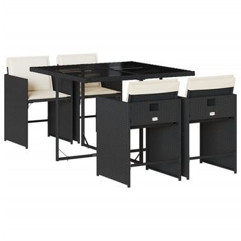 Set De Muebles Jardín 5 Uds | Conjunto De Mesa Y Sillas Con Cojines Ratán Sintético Negro
