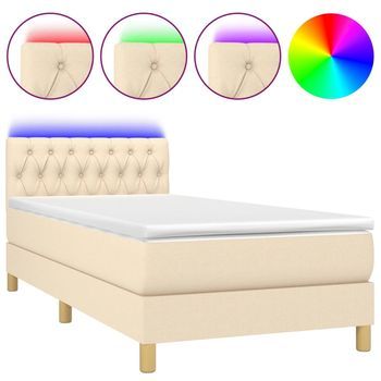 Cama Box Spring Con Colchón Y Led Tela Crema 90x190 Cm
