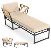 costway sillon reclinable de patio con otomana y cojin metal con apoyabrazos de madera de acacia para exterior beige y marron y negro