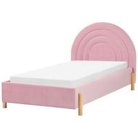 cama con somier cabecero semicircular tamano individual 90 x 200 cm tapizado terciopelo retro patas madera rosa anet