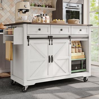 Isla De Cocina - Superficie Plegable - Ruedas - 3 Cajones - 2 Puertas Corredizas