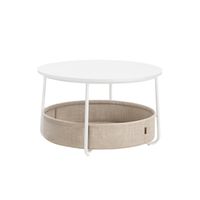 mesa de centro redonda con almacenamiento blanco mate  marron camello