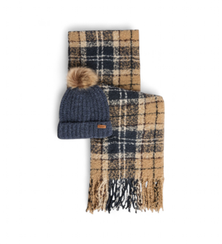 Barbour para mujer. LGS0077 Set regalo gorro y bufanda tartán Saltburn beige, marino (OSFA), Casual, Poliéster