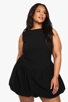 Vestido Plus Mini De Bengaline Fruncido, Negro