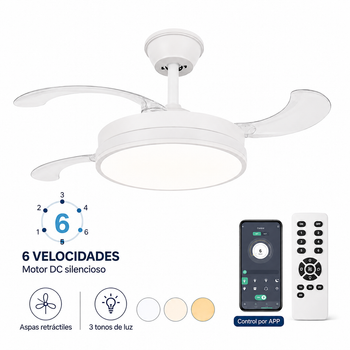 Ventilador de techo retráctil con luz LED integrada, motor DC silencioso y control remoto, 6 velocidades con iluminación CCT regulable para salón dormitorio comedor, ventilador moderno 2 en 1 de bajo