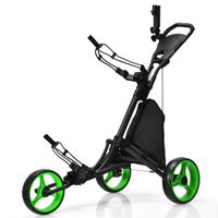 costway carro de golf de empuje con 3 ruedas carrito de golf plegable mando altura regulable con portavaso marcador verde