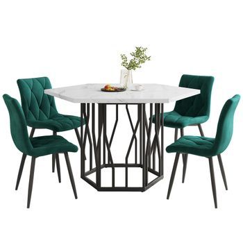 Conjunto Mesa De Cocina Y Juego De Comedor 5 Piezas, Mesa De Comedor Hexagonal 115.5x100x75cm, Diseño Moderno Y Resistente, Mdf Y Metal, Blanco Y Verde
