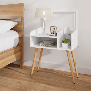 Mesita De Noche | Mesilla De Noche Estilo Mediados De Siglo Moderno 2 Niveles Blanco
