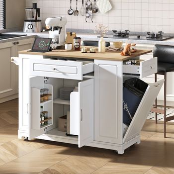 Isla De Cocina Extensible Blanca Con Ruedas, Cajones Y Enchufes Usb, 131,8 Cm