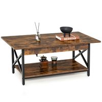 costway mesa de cafe industrial de 2 niveles con estante de almacenamiento y marco de metal en forma de x para sala de estar 110x60x48 cm cafe