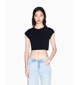 A|X Armani Exchange para mujer. XW002295AF17172UC001 Camiseta Crop negro (L), Casual, Algodón, Manga corta