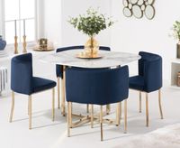 algarve white marble gold leg stowaway dining table with blue velvet gold leg high back stools - blue 4 chairs