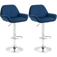 juego de 2 taburetes de bar con reposapies en forma de arco en metal cromado con asiento de terciopelo azul tdb10788