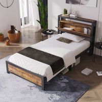 cama individual 90x200 cm metal y madera con cabecero de almacenamiento