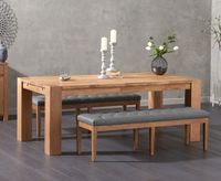 madrid 200cm solid oak dining table with camille grey faux leather benches
