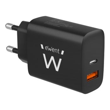 Ewent EW1319 Cargador Rápido con 1x USB-C 20W con Power Delivery + 1x USB-A QC3.0 Negro