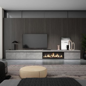 Mueble tv efecto madera cemento 368x35x45cm chimenea efecto fuego
