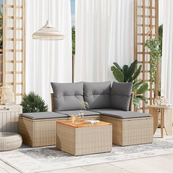Conjunto De Sofás Jardín Con Cojines 5 Uds | Mueble Jardin Mesa Y Sillas Ratán Sintético Beige Cfw299767