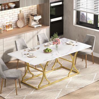 Mesa De Comedor Rectangular Para 8 A 10 Personas - Patas De Mdf Y Metal Dorado - Blanco