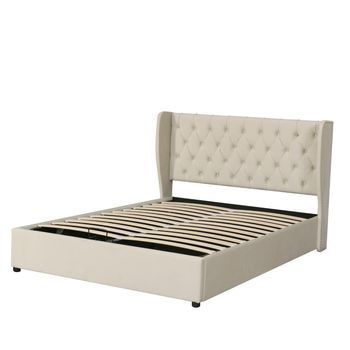 Cama Tapizada 140x190 Terciopelo Beige Con Arcón, Cabecero Orejero Y Botones Decorativos