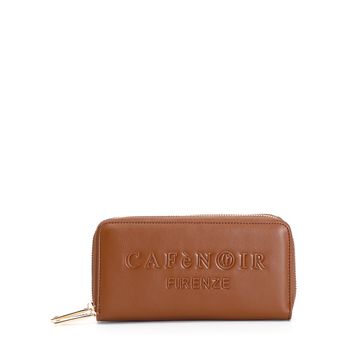 cartera con logo en relieve y cremallera alrededor brown