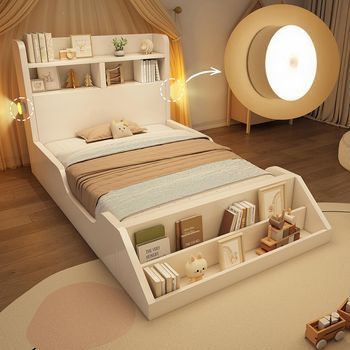 Cama Individual 90x200 Cm – Madera Blanca, Luces Nocturnas, Biblioteca Desmontable, Sin Colchón