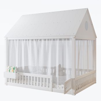 Cama Infantil 140x200 Con Almacenamiento Y Cortinas, Madera De Pino, Blanco