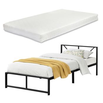 Cama De Metal Meran Con Colchón De Espuma Fría - 90 X 200 Cm - Cama Simple - Cama Individual - Somier - Acero - Reposacabezas Decorativo - Certificado Oeko-tex 100 - Negro [en.casa]®