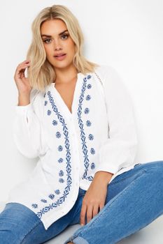 Yours Blusa Blanca Y Azul Bordada En Estameña De Algodón , Mujer Curvy Y Tallas Grandes, Yours