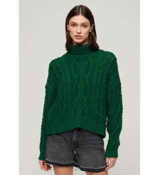 Superdry para mujer. W6110450A Jersey en punto trenzado con cuello de polo verde (XL), Casual, Acrílico, Manga larga