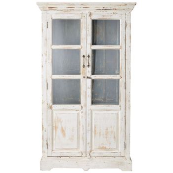 Vitrina de mango macizo blanco envejecido con 2 puertas