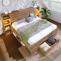 cama doble de madera maciza con almacenamiento iluminacion led puertos usb cabecero con almacenamiento cajones somier de lamas 180x200 cm