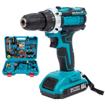 Taladro Eléctrico Inalámbrico 21v Con Doble Velocidad, 45nm, Maletín De Transporte Y 121 Accesorios. 2 Baterías De 6500 Mah. 34x12x30 Cm. Color: Azul