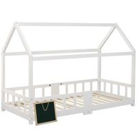 cama infantil casa 90x200 cm cama de madera de pino blanco para ninos con mesa de pizarra respaldo de lamas y protector contra caidas madera natural facil de instalar sin colchon 120 kg max