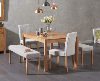 Oxford 150cm Solid Oak Dining Table Mia Large Grey Benches and Mia Chairs