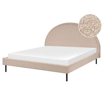 Cama Minimalista Bouclé Tapicería Poliéster Somier Cabecero Semicircular 160 X 200 Cm Beige Margut