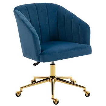 HOMCOM Silla de Oficina con Ruedas de Terciopelo con Respaldo Acolchado Altura Ajustable Espuma Alta Resiliencia Azul