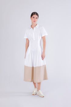 vestido bicolor con mangas cortas white/sand m