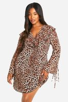 vestido recto plus de tela con volante y estampado de leopardo multi