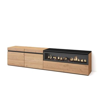 Mueble tv efecto madera roble y negro 200x35x45 chimenea efecto fuego