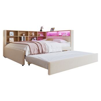 Sofá Cama 140x200 Con Cama Nido 90x190, Luces Led Y Puertos Usb, Franela Beige