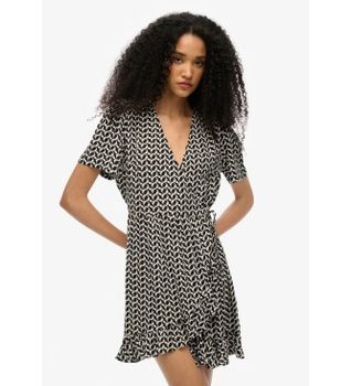 Superdry para mujer. W8011877A Vestido Wrap negro (L), Casual, Poliéster, Manga corta