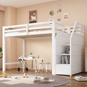 Litera Con Escalera De Pino Blanco De 90x200 Cm.