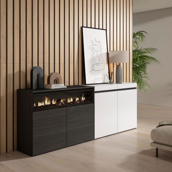 Aparador efecto madera blanco y negro 200x35x75 chimenea efecto fuego