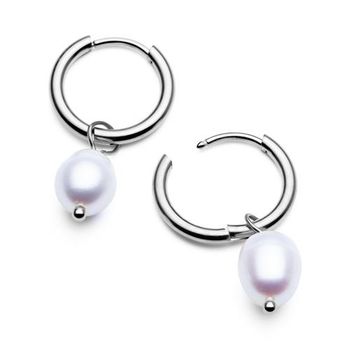 Pendientes de aro de acero inoxidable con perla de agua dulce para mujer